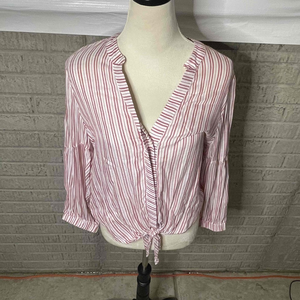 Michael Stars Red White Striped Tie Front‎ Long Sleeve Blouse Size Small